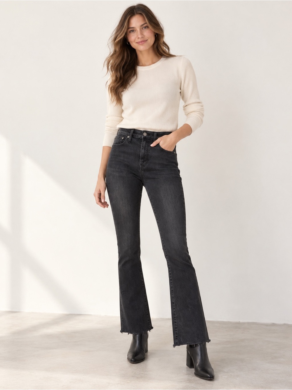 Madewell Cali Demi Boot Jeans Berkeley Black Charcoal Raw Hem Mini Flare